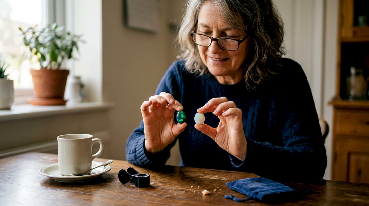 Un collectionneur examine et compare deux pierres d’opale afin d’en apprécier les différences et la qualité.