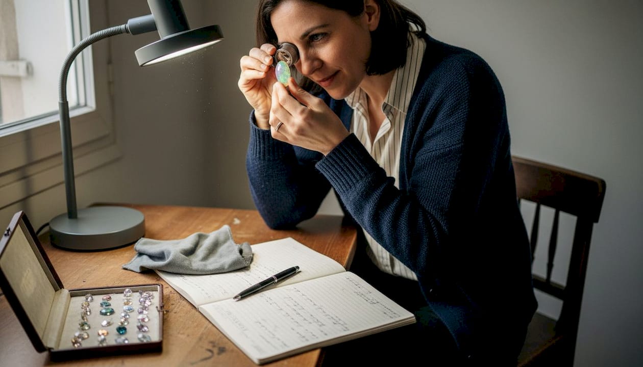 Un gemmologue examine une opale aux reflets mouvants, attentif à ses jeux de lumière fascinants.