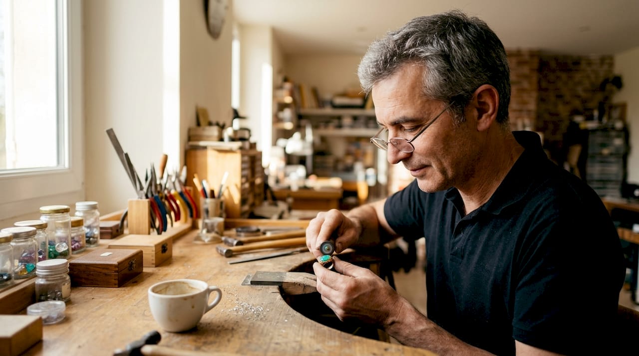 Dans son atelier, le bijoutier façonne et donne tout son éclat à une bague.