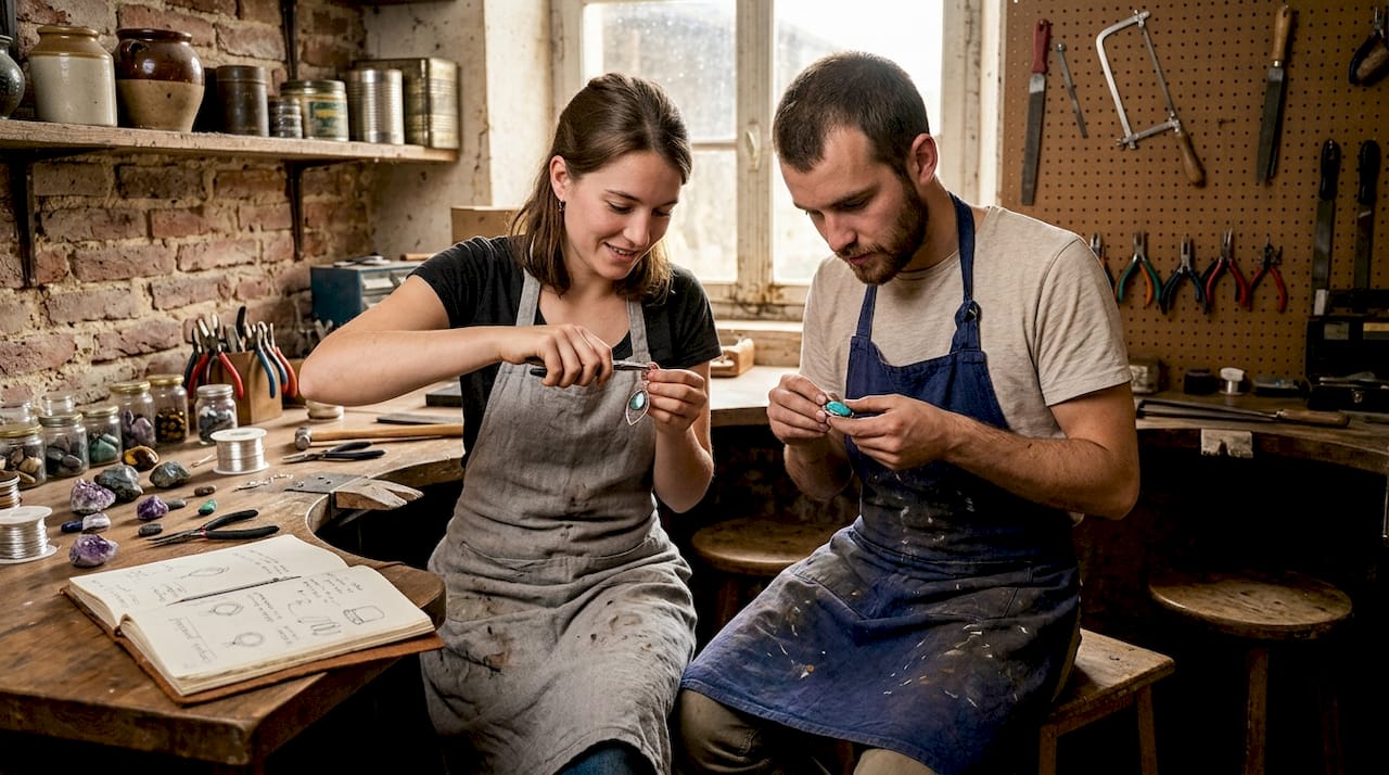 Dans l’atelier, de jeunes créateurs joailliers façonnent des pendentifs avec passion.