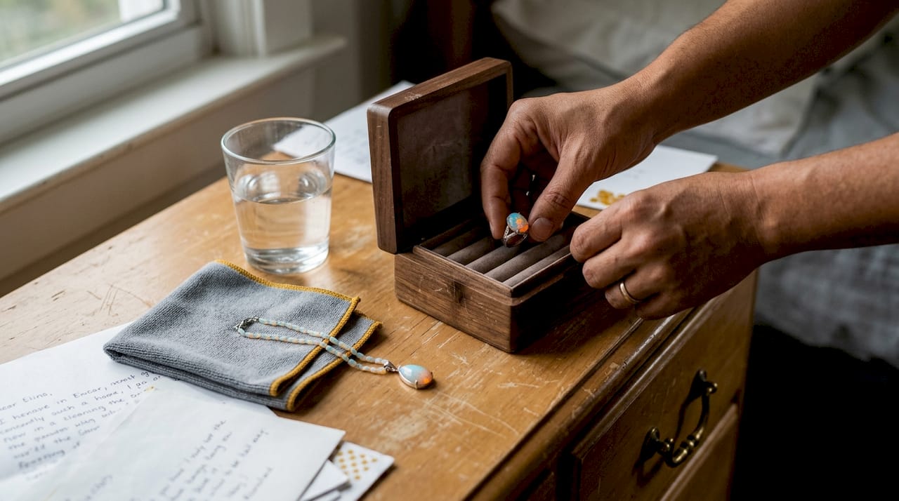 Hands storing opals in velvet-lined jewelry box