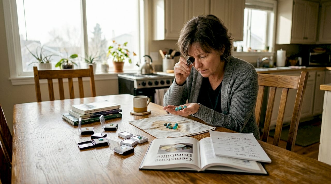 Collector inspecting opals for durability