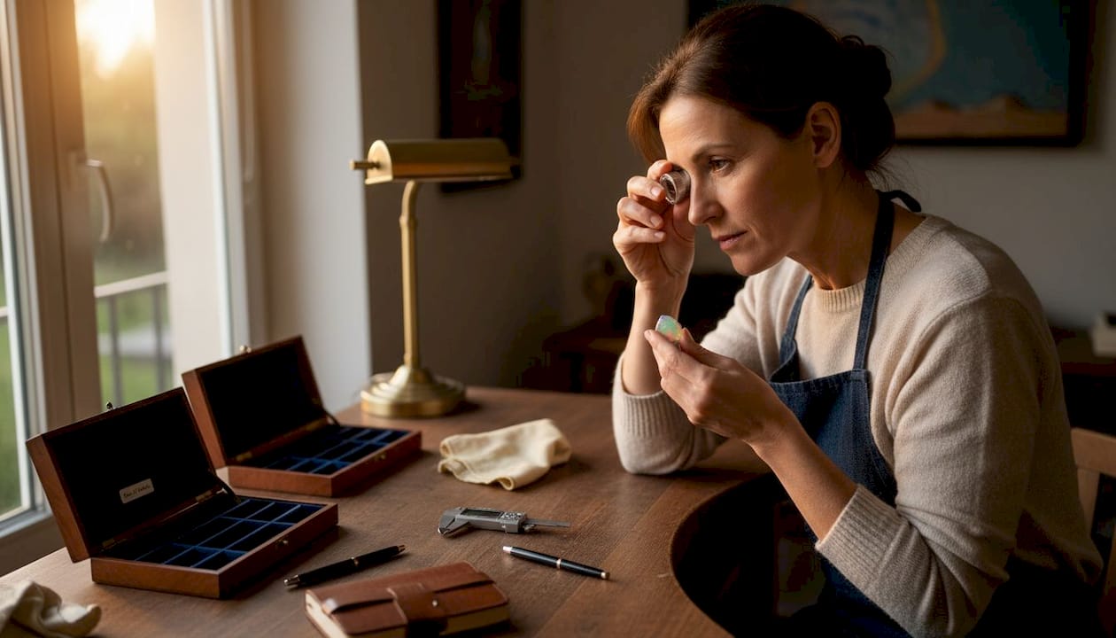 Un gemmologue en pleine analyse d'une opale australienne sur son établi.