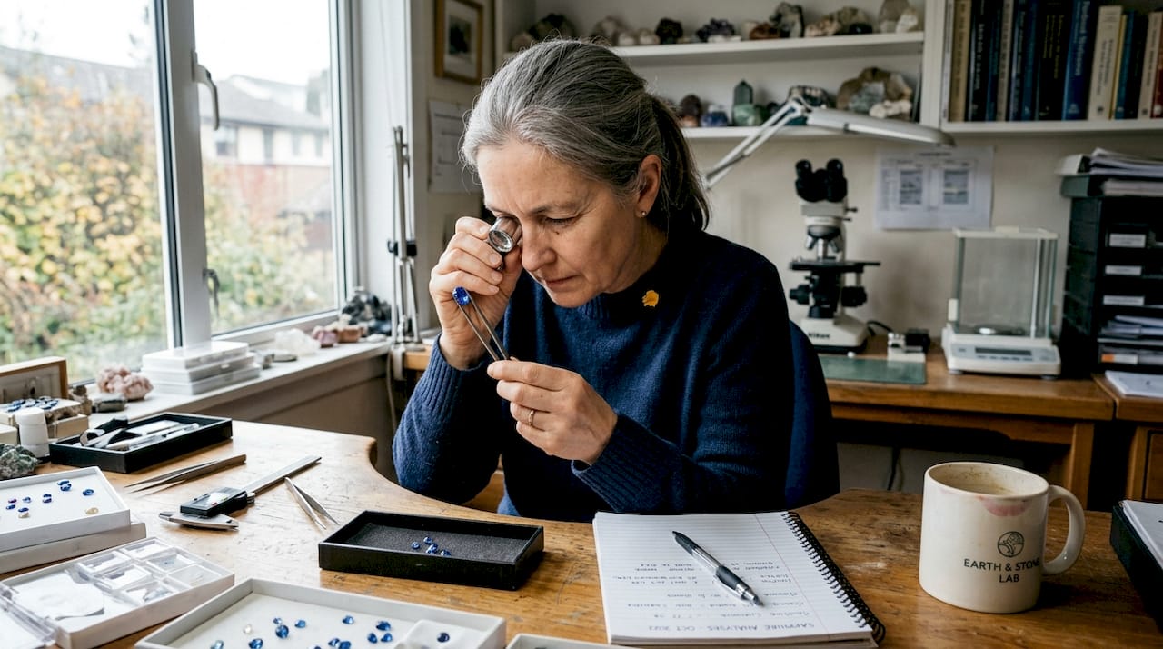 Gemologist grading gemstone at sunlit workbench