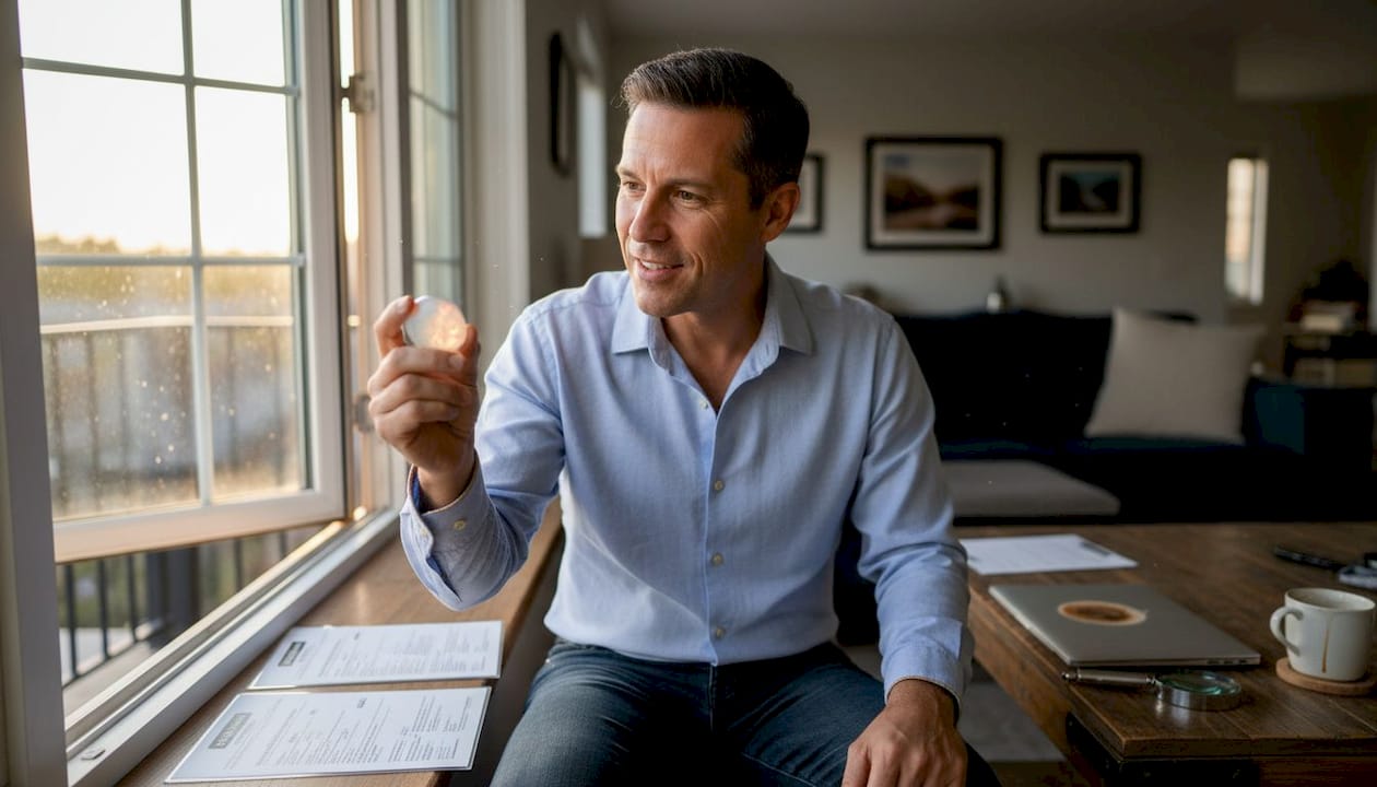 Collector examining opal gemstone in daylight