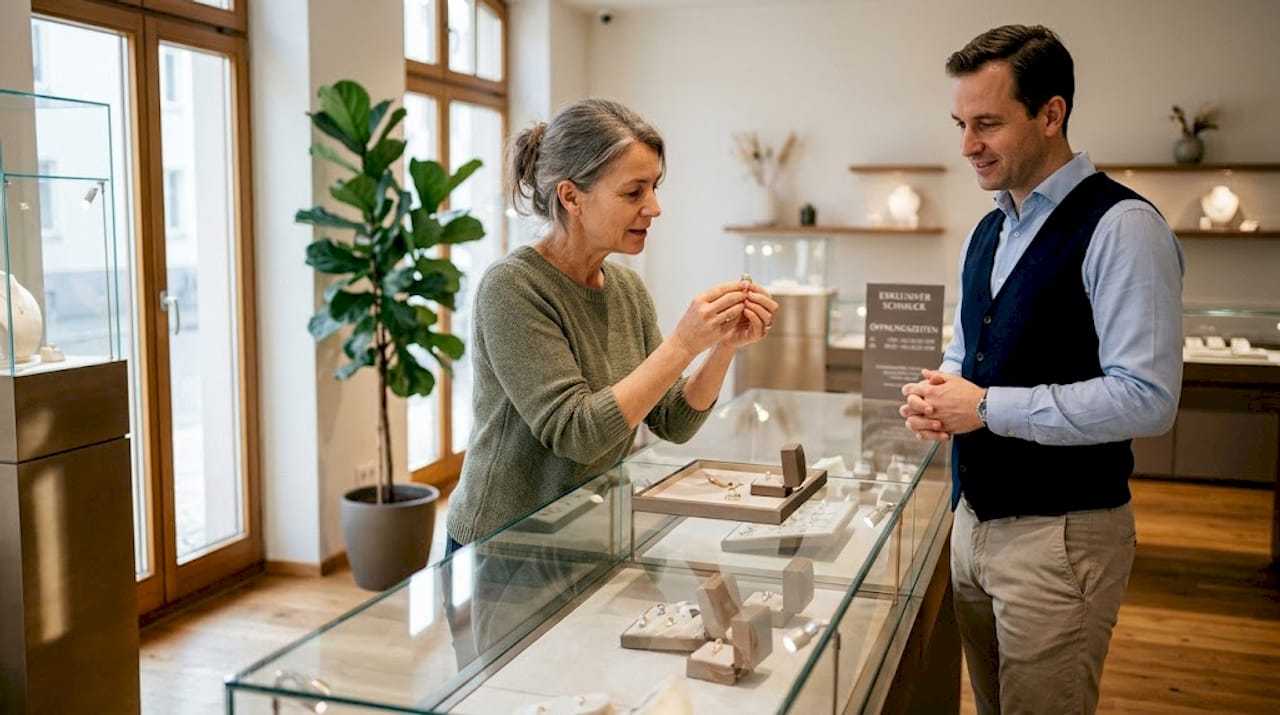 Eine Kundin betrachtet aufmerksam Opalschmuck in einem Juweliergeschäft.