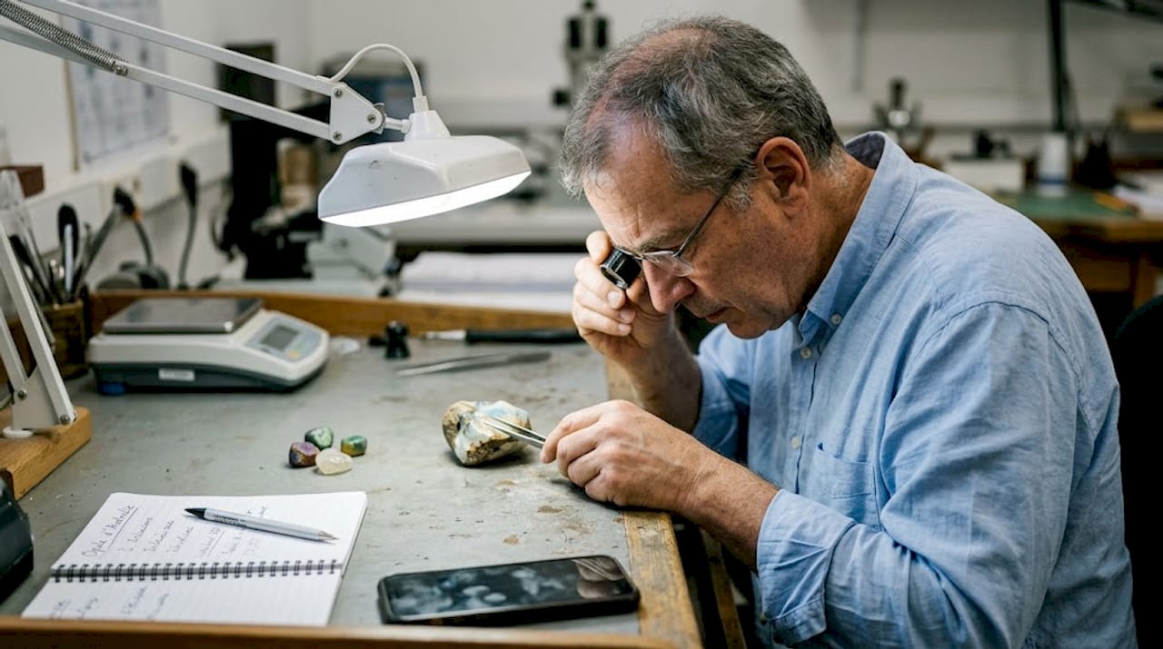 Un gemmologue observe attentivement une opale matrix posée sur la table, à la recherche de ses particularités et de sa beauté unique.