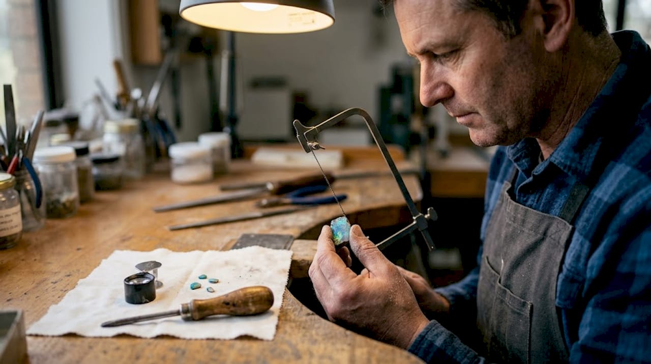 匠人全神贯注地雕琢澳宝原石,力求将每一块宝石的独特光彩完美展现。