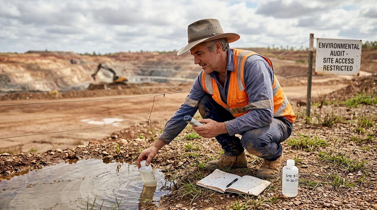 Geologist checking water sample at gold mine