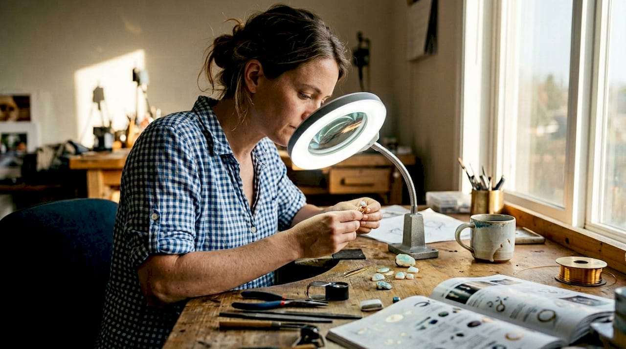 Artisan inspecting opal jewelry in studio