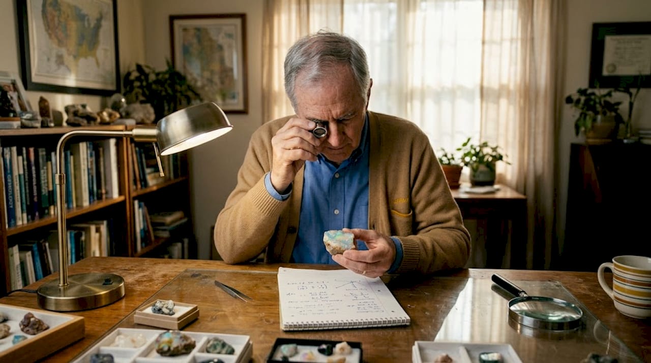 Gemologist examines natural opal at worktable