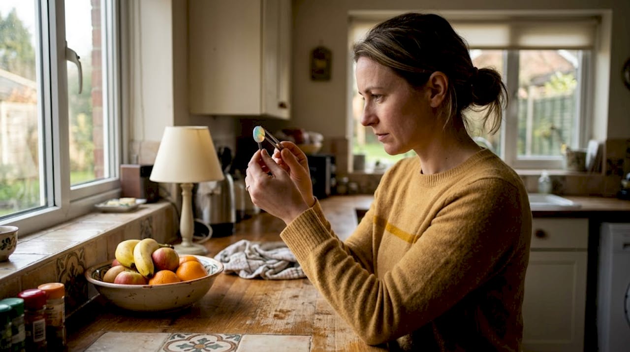Woman evaluates opal stone near window