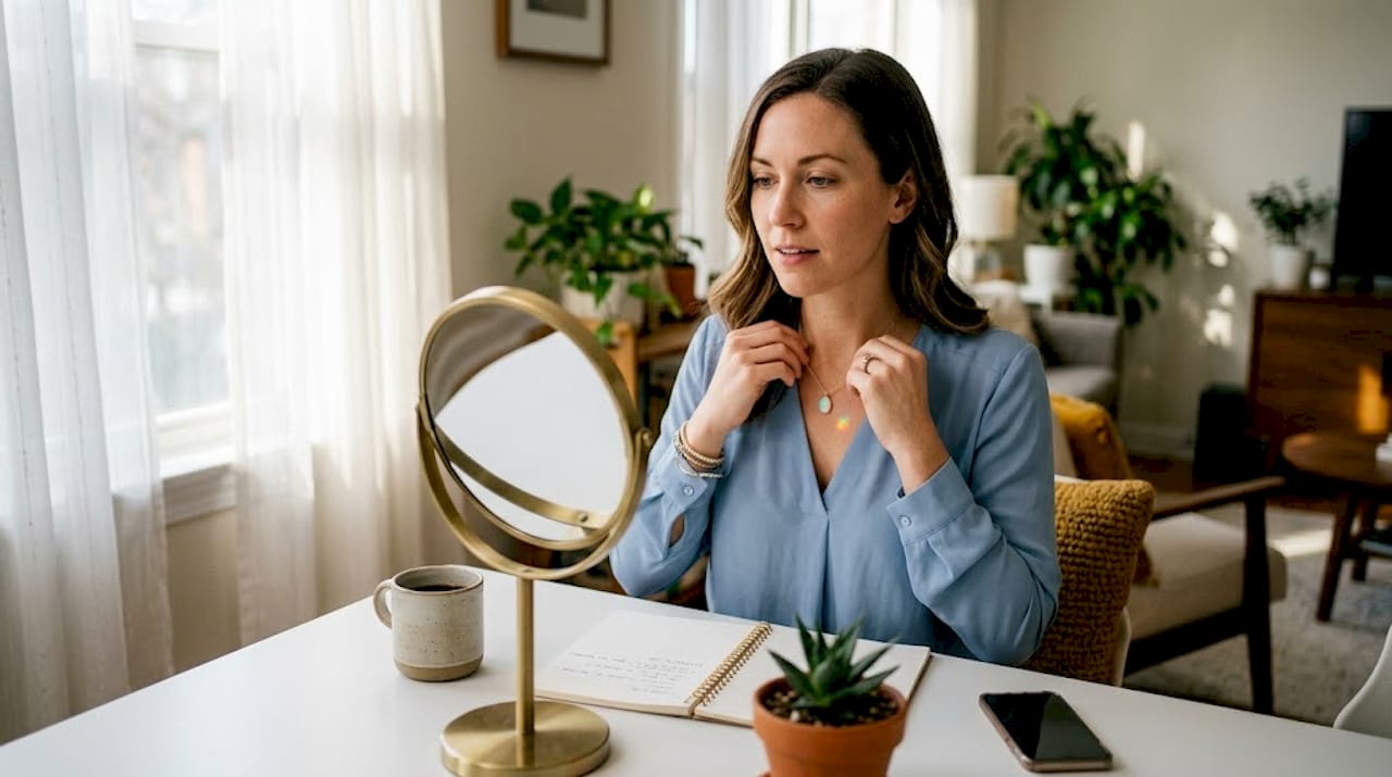 Woman styling opal necklace before leaving home