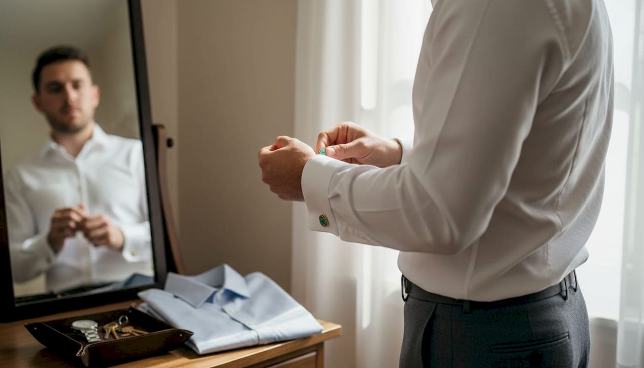 Man fastening opal cufflinks in simple bedroom