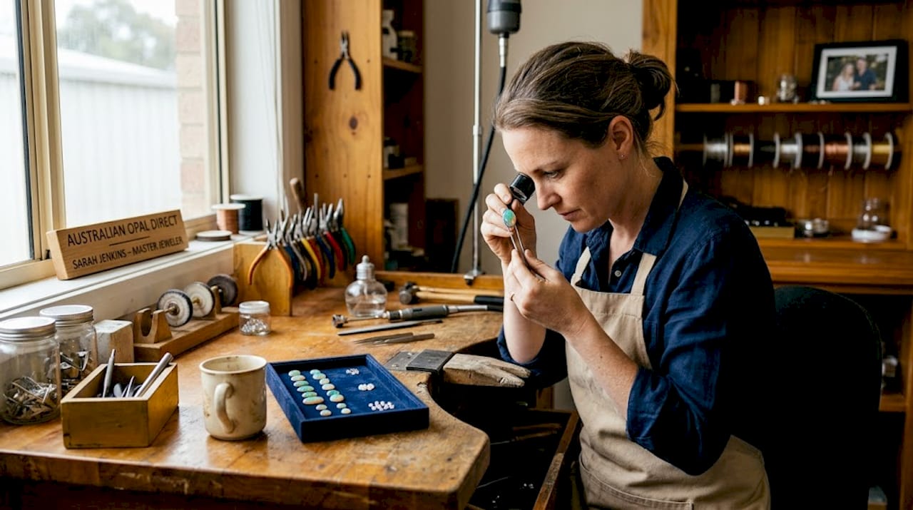 Jeweler examining opal and diamonds at workbench