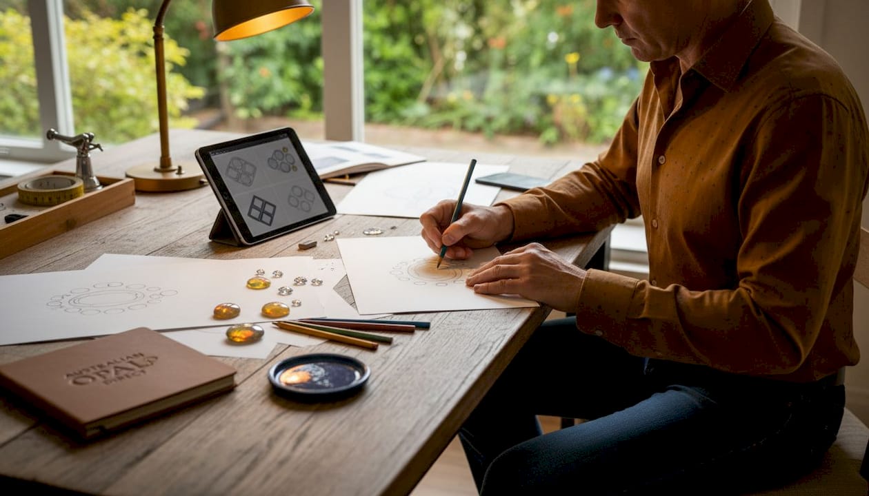 Designer sketching opal diamond jewelry layout