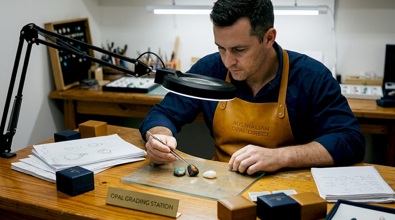 Jeweler grading opal stones in studio