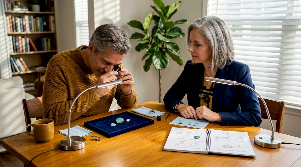 Collectors examining opals at home table
