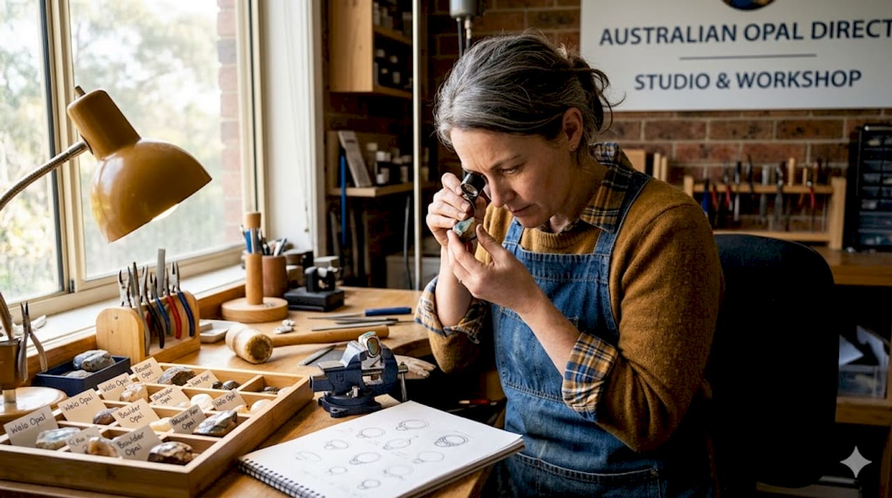 Artisan examines opal in jewelry studio