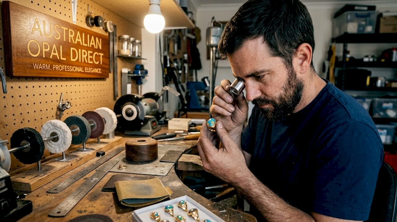 Artisan inspecting high-gloss opal ring