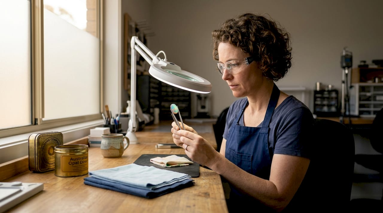 Gemologist polishing opal in bright studio