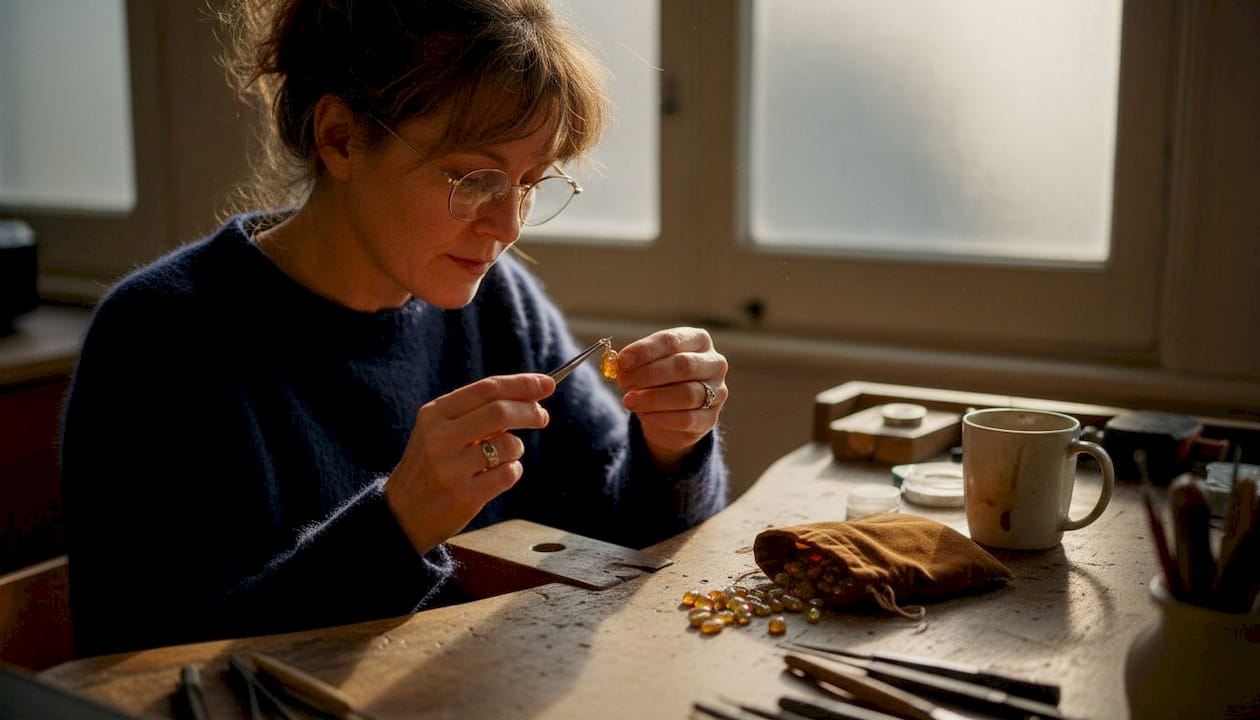 Jeweler examining opal pendant in studio