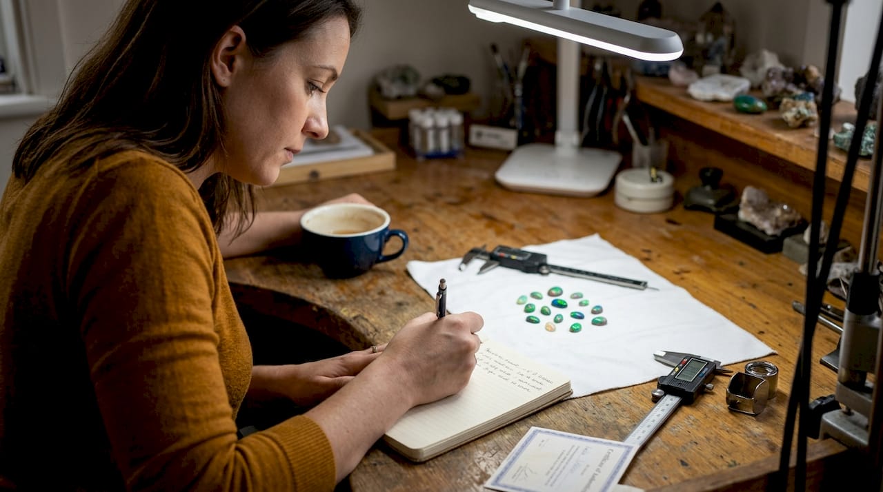 Gemologist documenting opal gemstones at workbench