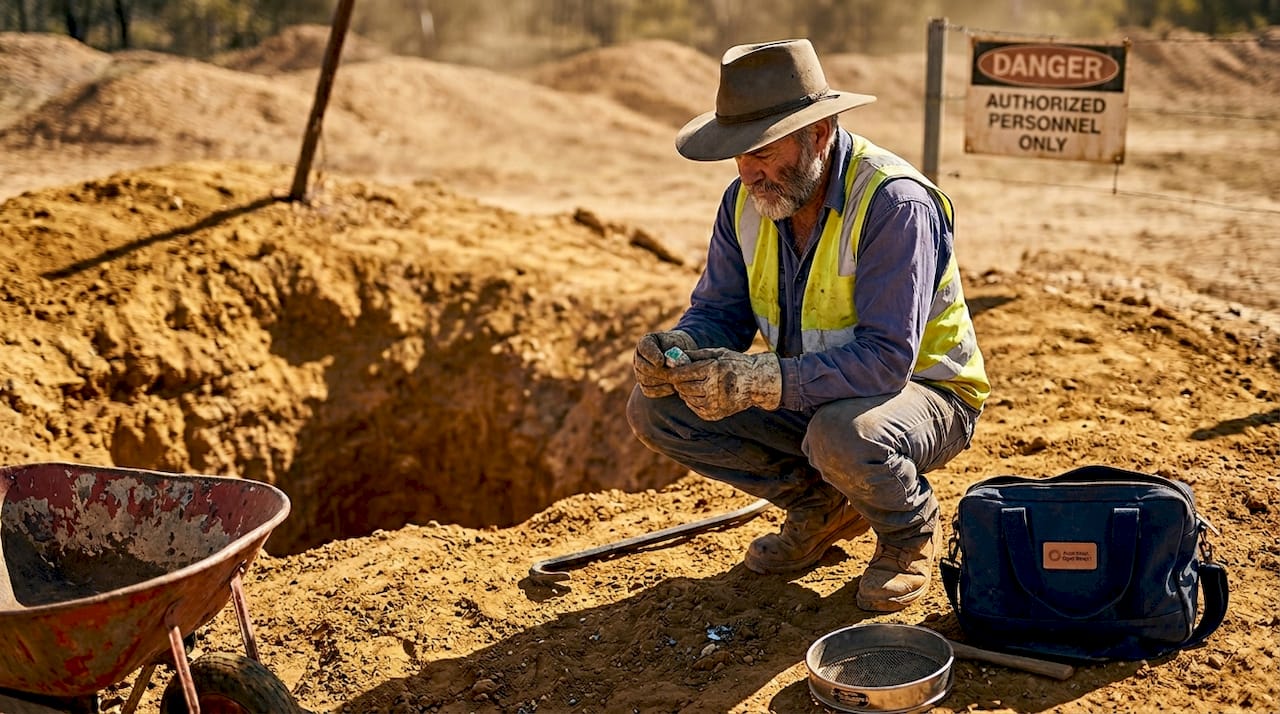 Australian opal miner inspecting rough stone