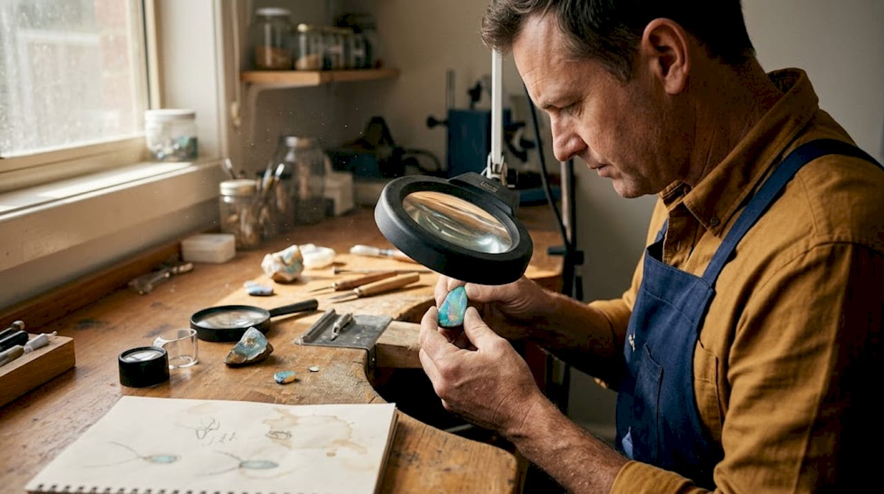 Jewelry artisan shapes opal in studio workspace
