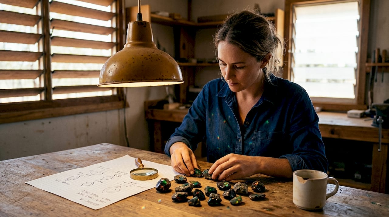 Woman sorting Lightning Ridge black opals