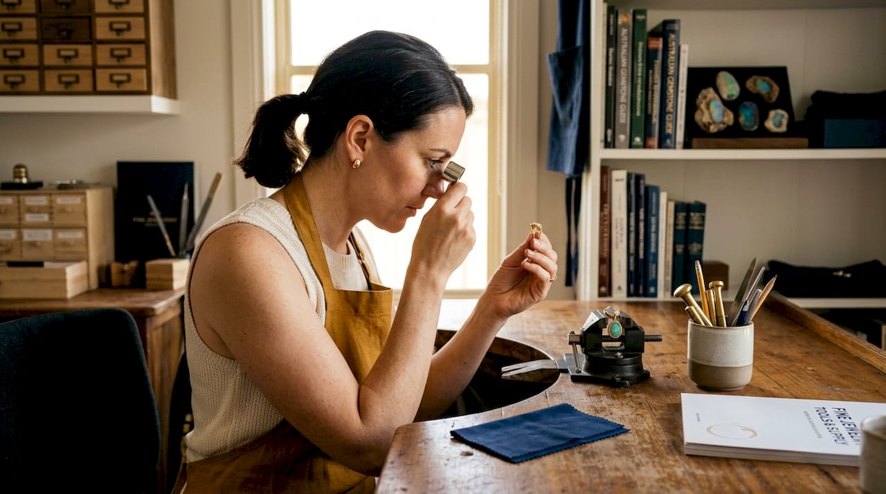 Jewelry artisan inspecting gold ring at workbench