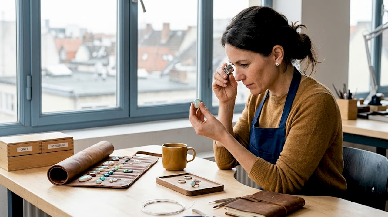 Eine Schmuckdesignerin begutachtet einen Opal an ihrem Arbeitstisch im Atelier.