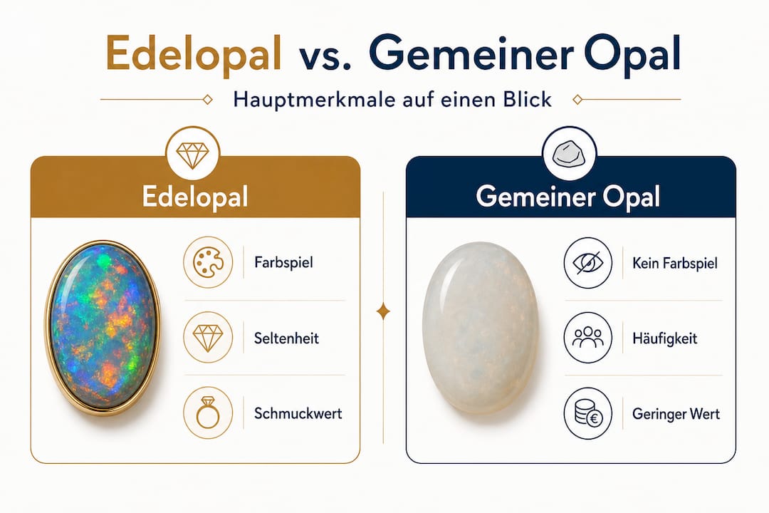 Diese Infografik zeigt die Unterschiede zwischen Edelopal und gewöhnlichem Opal auf einen Blick.