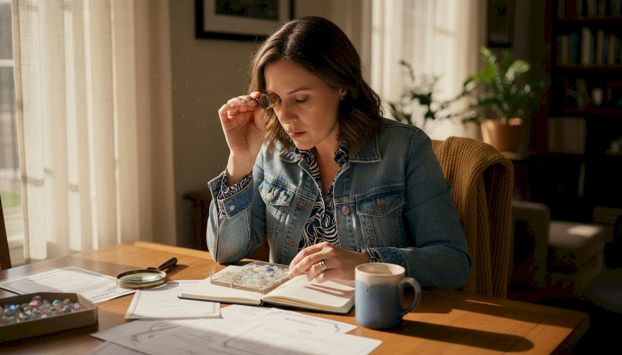 Gem collector examining opals at home