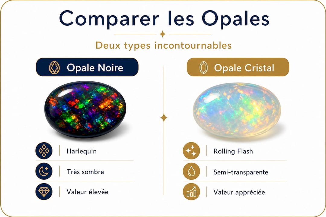 Infographie : opale noire ou cristal, le match des gemmes