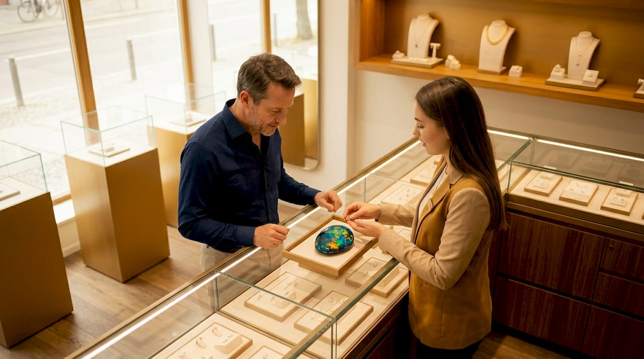 Ein Kunde begutachtet einen Opal im Juweliergeschäft.