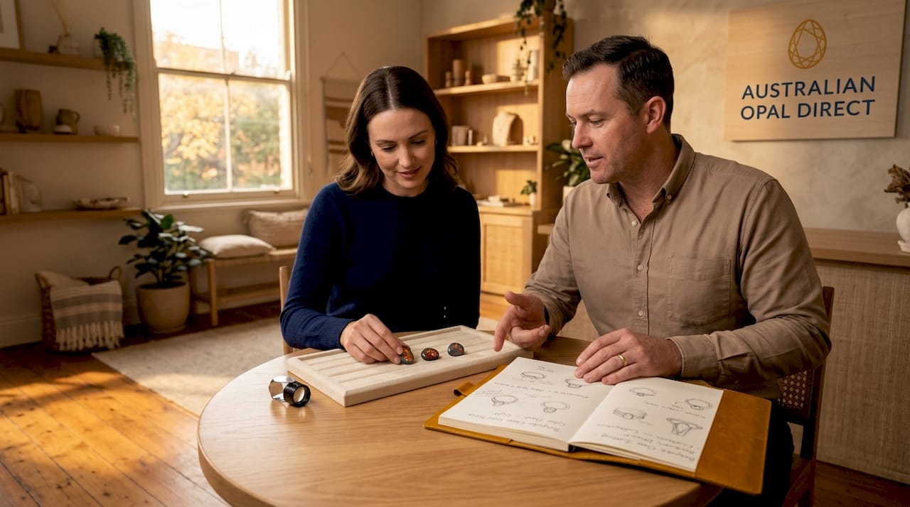 Jeweler and client reviewing opal gemstones