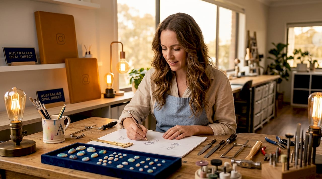 Jewelry designer sketching with Australian opals