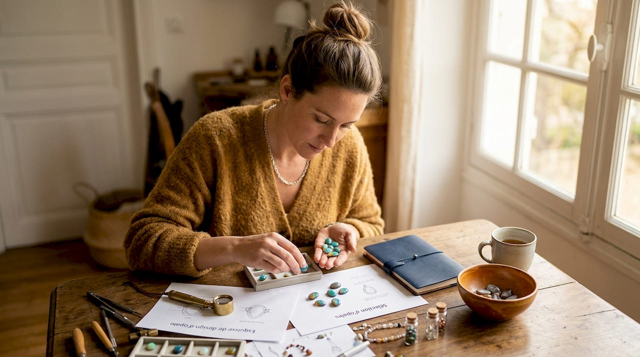 Créatrice de bijoux sélectionnant soigneusement des opales issues de filières responsables.