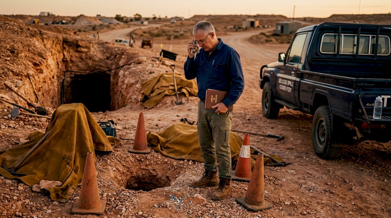 Un géologue en pleine étude sur un site d'extraction d'opale en Australie
