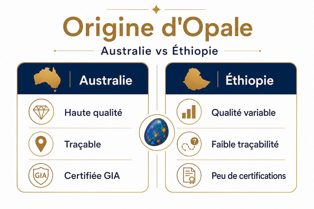 Découvrez une infographie mettant en lumière les différences et similitudes entre les opales d’Australie et celles d’Éthiopie.