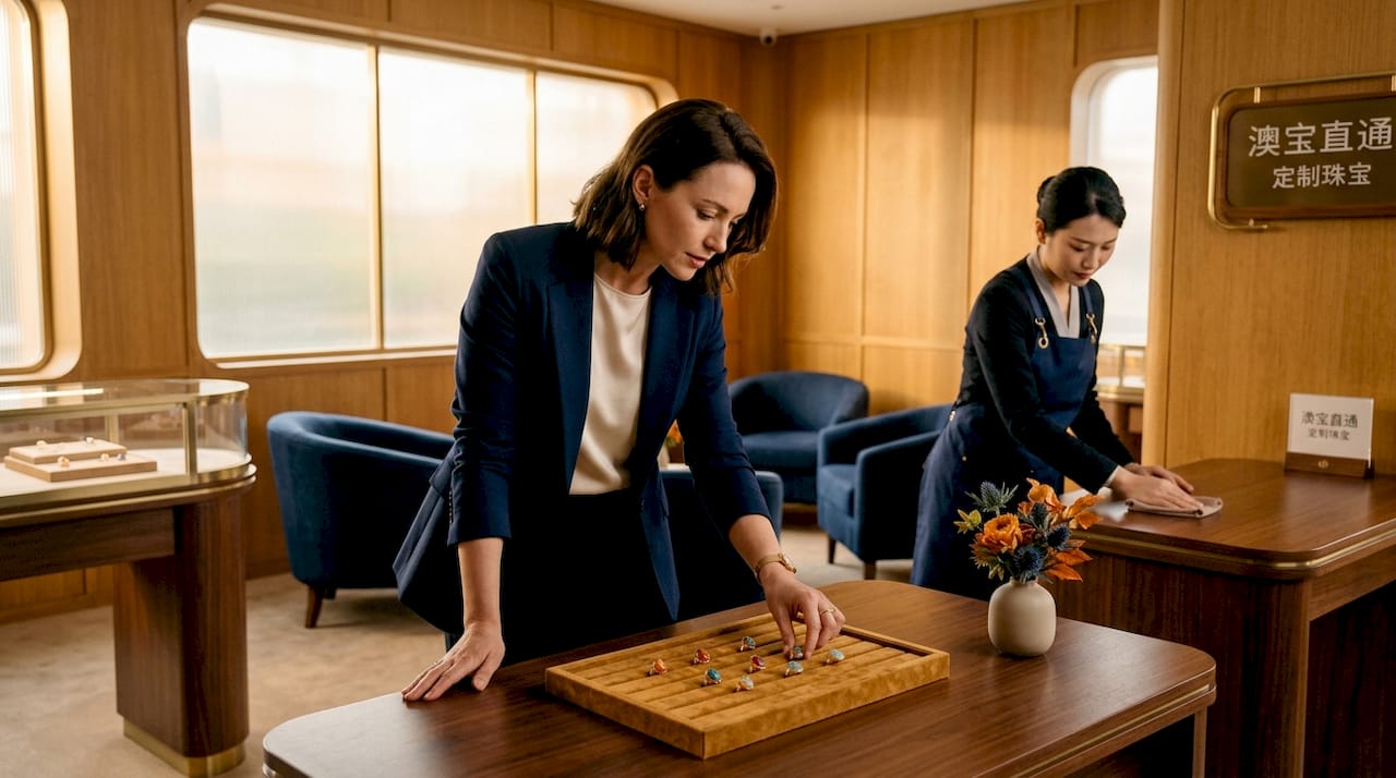 一位女士正在高档珠宝柜台前细心挑选各式宝石，认真欣赏每一颗的独特光彩。