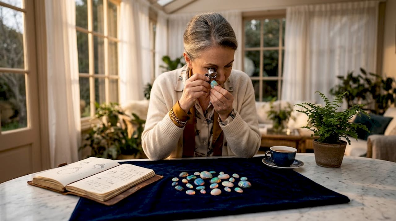 Woman examining opals at home office desk