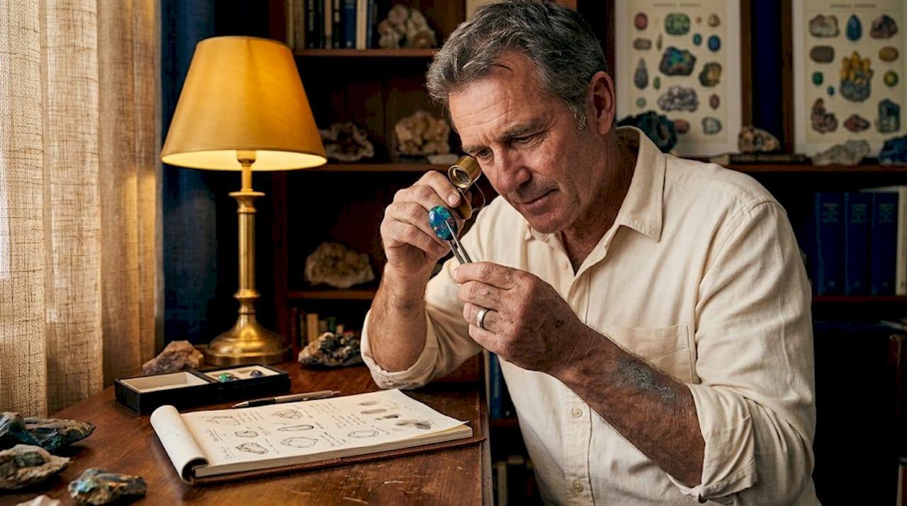 Collector inspecting rare black opal stone