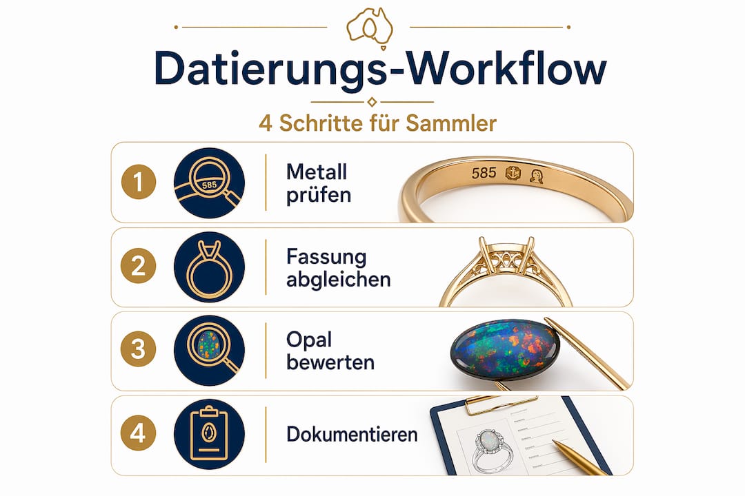 Vier Schritte, um das Alter von Opalschmuck zu bestimmen – anschaulich erklärt in einer Infografik