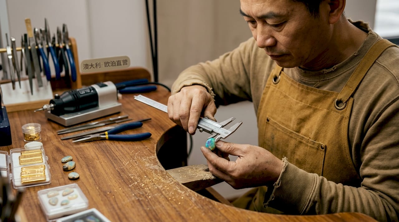一位珠宝匠人正全神贯注地打造精美的黄金欧泊饰品,展现出对工艺的极致追求。