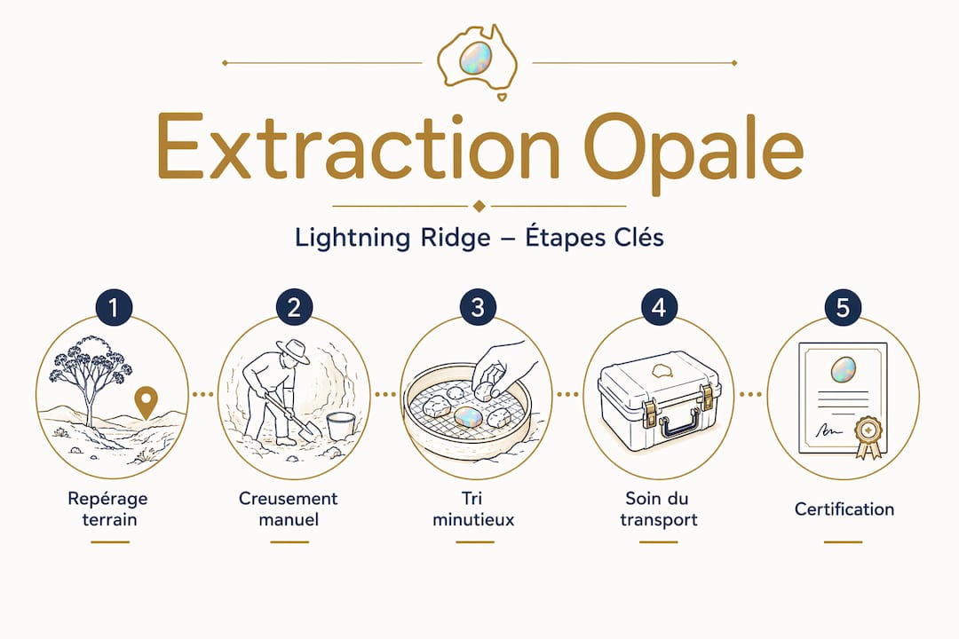 Découvrez, à travers cette infographie, les différentes étapes d’extraction de l’opale à Lightning Ridge.