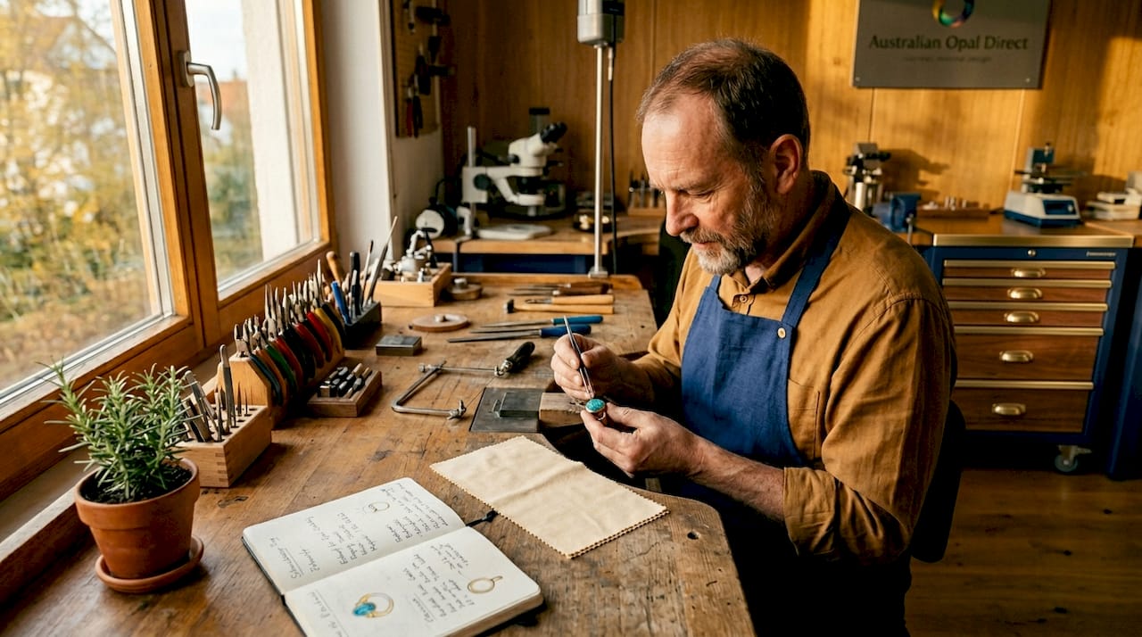 Ein Goldschmied verarbeitet ein Schmuckstück mit einem Opal-Doublet und setzt es gekonnt in Szene.