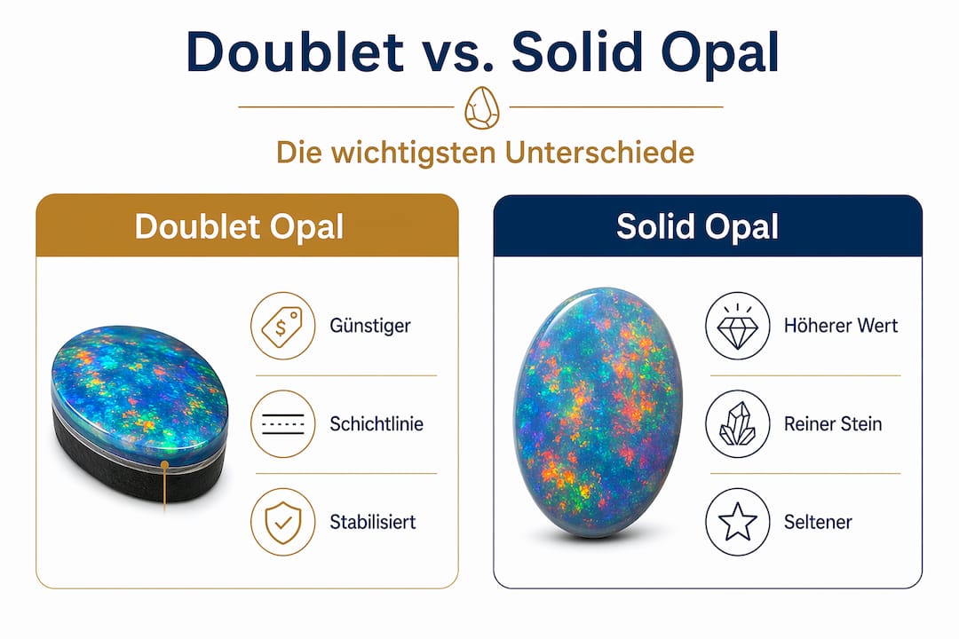 Vergleichende Infografik: Unterschiede und Gemeinsamkeiten von Doublet- und Solid-Opalen auf einen Blick