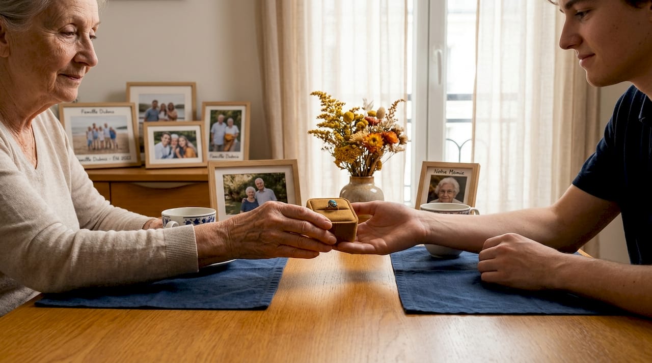 Une grand-mère remet sa bague en opale à sa petite-fille, perpétuant ainsi la tradition familiale.